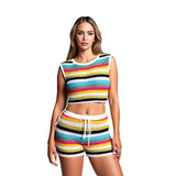 Ramming Striped Hollow Drawer Vest High-Waisted Hips Shorts Knitted Beach Resort