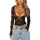 Floral Lace Top 2000s Women Aesthetic Clothes Sheer Mesh Long Sleeve Pullovers Fitted Crop Shirt with Bra Summer
