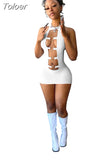 Color Round Buckle Hollow Front Skinny Dress Women Sexy Halter Backless Fitness Slim Birthday Club Outfits Party