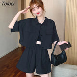 Women Sets Short Sleeve Turn-down Collar Shirts Elastic Waist Shorts Womens High Street Harajuku Solid Streetwear Casual 2