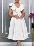 Women's V-Necked Leaf-Side Three-Dimensional Flower Dress Evening Dress Party