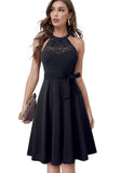 Vintage Halter Sleeveless Solid Lace Bow A-line Midi