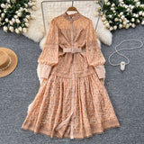 Dress Woman's Spring 2025 New French Elegant Embroidered Lantern Sleeves Waist Single Buckle Large Swing