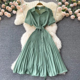 French Dress Women Korean Style Short Sleeve Solid Office Lady Dresses Summer Casual Vacation Beach