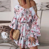 Bohemian Women Floral Printed Dress 2022 Celmia Summer Lace Up V Neck Beach Party Mini Vestidos Elegant Flared Sleeve