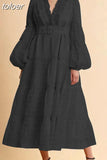 Elegant Long Dresses For Women V Neck Puff Long Sleeve Patchwork Lace Temperament Maxi Female 2023 Spring Fashion