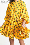 Casual Print Dress For Women O Neck Long Lantern Sleeve Bandage Bow High Waist A Line Dress Female Fashion New 2023