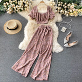 Women Autumn French Boho Floral Suits Square Collar Puff Sleeve Short Tops+High Waist Wide Leg Pants Two Pieces