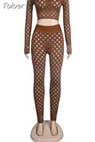 Hollow Out Two Piece Set Women Sexy Long Sleeve Hole Crop Top and See Through Pencil Legging Hipster Co Ord