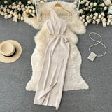 Purple Summer Women Solid 2 Piece One Shoulder Crop Top Tanks Slit Midi Skirt Set Bodycon Sexy Party Elegant