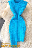 Design Twist Knitted Bodycon Dress Women Solid O-neck Sleeveless Tassels Irregluar Slim Stretch Bandage Mini Sweater