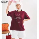 Women T-shirt 2023 Spring Short Sleeve O Neck Loose Tshirt Rabbit Printed Multicolor Comfort Basic All Match