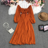 New Spring Temperament All-match Retro All-match Square collar puff sleeve Dress lace up ruffles