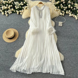 2025 New Elegant Solid Dress Round Collared Loose Hair Splicing 100 Folding Long