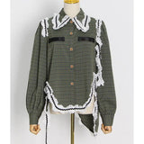 Patchwork Gingham Shirt For Women Lapel Long Sleeve Colorblock Button Through Blouse Female Fashion Clothing