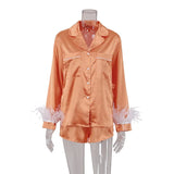 Wear Women Soft Feather Home Suit Button Up Top Slim Pants Two Piece Set 2022 Casual Pajama Elegant Lady Homewear