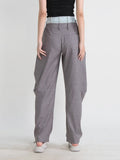 Toloer New Contrast Color Jeans Splicing Casual Pants Half Loose Waist Loose Pleated Show Thin Plaid Harun Pants-Outfit
