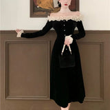 Winter Velvet France Vintage Dress Women Korean Elegant Evening Party Midi Dress Ladies Long Slevee Retro Y2k Dress
