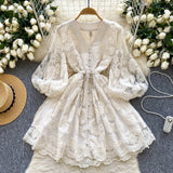Sweet Court Style V-Neck Lantern Sleeve Embroidery Collection Thin Single Buckle A Word Elegant Dress