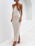 Beige Romantic Strap Sleeveless Color Blocking Knitted Backless Long Loose Holiday