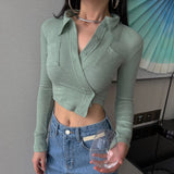 Korean Style Sexy Slim Mint Green Shirt Women Ribbed Irregular Crop Top Autumn Fashion Designer Clothes Ladies