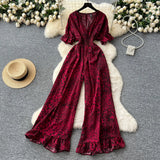 Dress Holiday Wear Chic Light Leisure V Collar Short Sleeves Tight Waist High Waist Thin Leg Print Jump