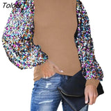 Women Blouses 2020 Fashion Women Autumn Winter Mock Neck Sequins Patchwork Long Puff Sleeve Blouse Shirt