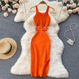 Women 2022 White Pencil Dress Tank Sleeve V Neck Bodycon Sexy Vestidos Kpop Vintage Elastic Knitted Female Summer Midi