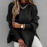 Autumn And Winter Half-High Collar Loose Solid Color Long-Sleeved Thick Needle Side Fork Knitting Sweater