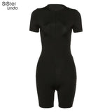 Sisterlinda Fitness Workout Active Wear Rompers Women Zipper Short Sleeve Casual Playsuit Fashion Solid Sporty Skinny