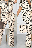 Neck Short Sleeve Top Women Two Piece Suits Lace Up Straight Long Pants Sets Print Tight High Waist Office Lady 2023