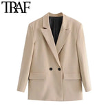 Women Fashion Double-Breasted Loose Fitting Blazer Coat Vintage Long Sleeve Pockets Female Outerwear Chic
