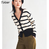 Women Knit Cardigan 2023 Spring Long Sleeves V Neck Slim Fit Sweaters Classic Black Apricot Stripe Elegant Chic