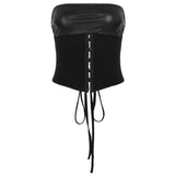 Leather Suit PU Leather Splicing Waist Tsets Hollow Folding Net Lace-Uped Ass