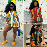 Women's Hollow Collar Collar Top High-Waisted Shorts Knitted Two Sets 2025 Striped Elements
