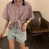 Women Short Sleeve blouses Solid Bf Oversize Loose Turn Down Collar College Simple Womens All-match Harajuku 2020