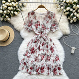 Summer Vintage Women Pleated Chiffon Dress Elegant Floral V-Neck Short Sleeve High Waist Draped A-Line Vestidos Female New