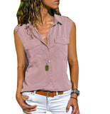 Cotton Tops Blouses 2021 Autumn Sleeveless Solid V-Neck Office Blouse Female Work Women Button Up Shirt Plus Size