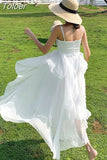 Summer Women Maxi Long Sundress Suspenders Solid Ruffls Fairy Vestidos Long Elegant Feminine Holiday Beach Romantic
