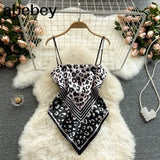 Treny Print Top Women's Sexy Backless Strap Camis Scarf Tie Crop Top Beach Holidays Sexy All-matching Summer