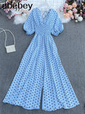 dot holiday casual wide leg jumpsuits V Neck Puff Sleeve Waist Elastic Rompers loose beach long