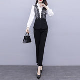 Suit 2022 Sexy Lace Patchwork Blazer Waist Tops+Slim Pencil Pants Trousers Office Lady Business Two Piece Pants
