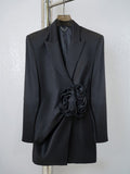 Fashion Women Blazer Slim Notched Collar Detachable Flower Single Breasted Waist Black Suit Dress Summer 2023 New