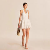 New Women's White Lace Dress French Sleeveless Hanging Neck V-Neck