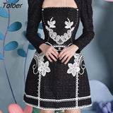 Flower Embroidery Dress for Women Square Neck High Waist Black Bodycon Dress Long-sleeve Spring Summer Mini
