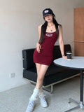 Red Sexy Bodycon Dress Women Korean Fashion Vintage Preppy Summer Slim Sleeveless Casual Spaghetti Strap Mini