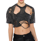 Toloer Fashion Wind Top 2024 New Fashion Round Collar Hole Pin Design Sense Short T-Shirt Women-Outfit