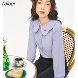 Women Shirts 2022 Autumn Long Sleeve Petal Collar Heart Shape Button Blouse with Detachable Pin White Purple Cute