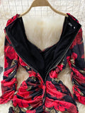 Women Floral Draped Bodycon Dress Spring Autumn Square Collar Long Sleeve High Waist Pleated Party Robe Female Casual