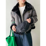 Women's Fuzzy Fur Lined Zipper Motorcycle Suede Jacket Striped Trim Autumn Winter 2022 Solid Vintage Short Loose Padded